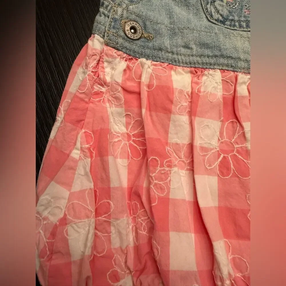 Vintage OshKosh B'gosh VestBak Denim Gingham Pink Bubble Dress Girls 6 Months